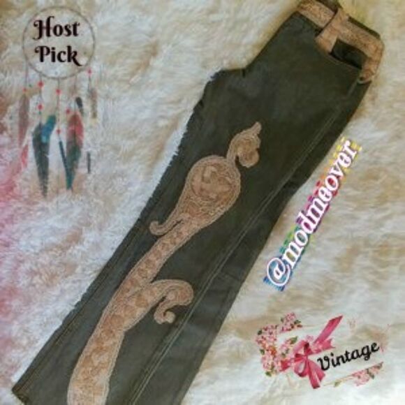 Tracy Reese Denim - Tracy Reese Boho Paisley Jeans Olive W/ Gold Brocade Paisley RARE  VINTAGE & NEW
